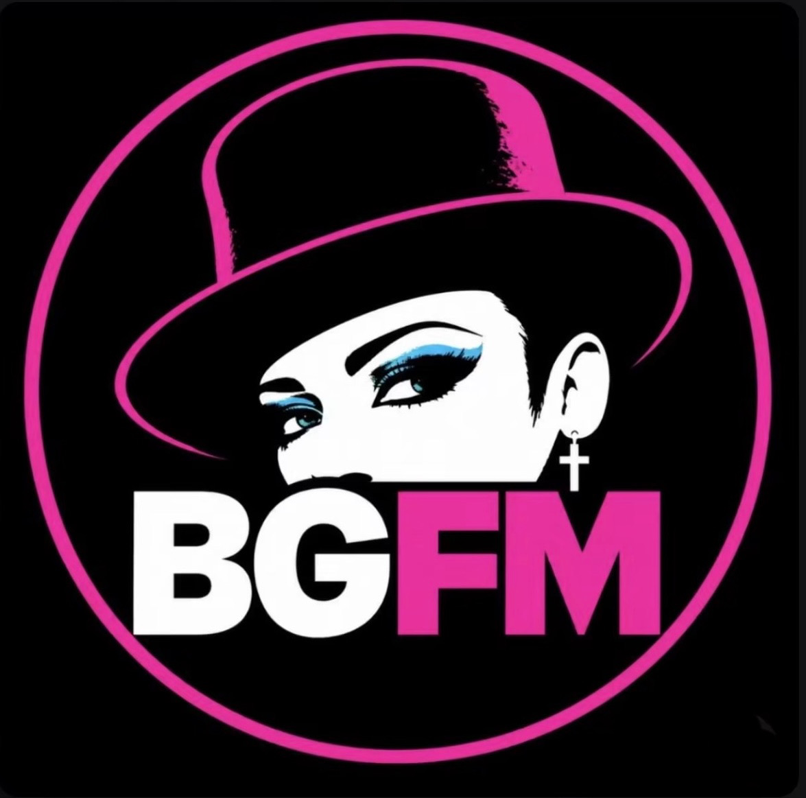 BGFM logo featuring Boy George in a hat, in pink, black and white