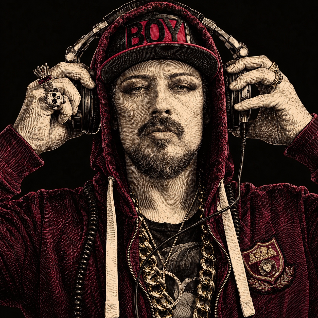 Punk styled portrait of Boy George wearing headphones and a BOY cap