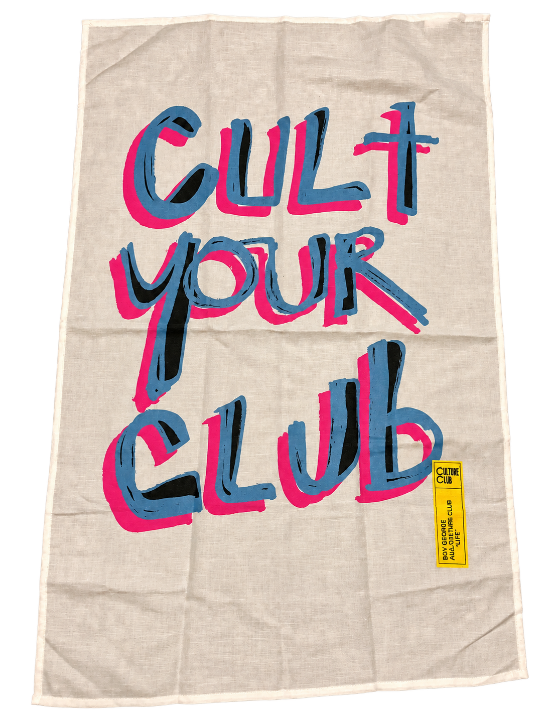 Actual Culture Club concert tea towel with the hand-drawn CULT YOUR CLUB design