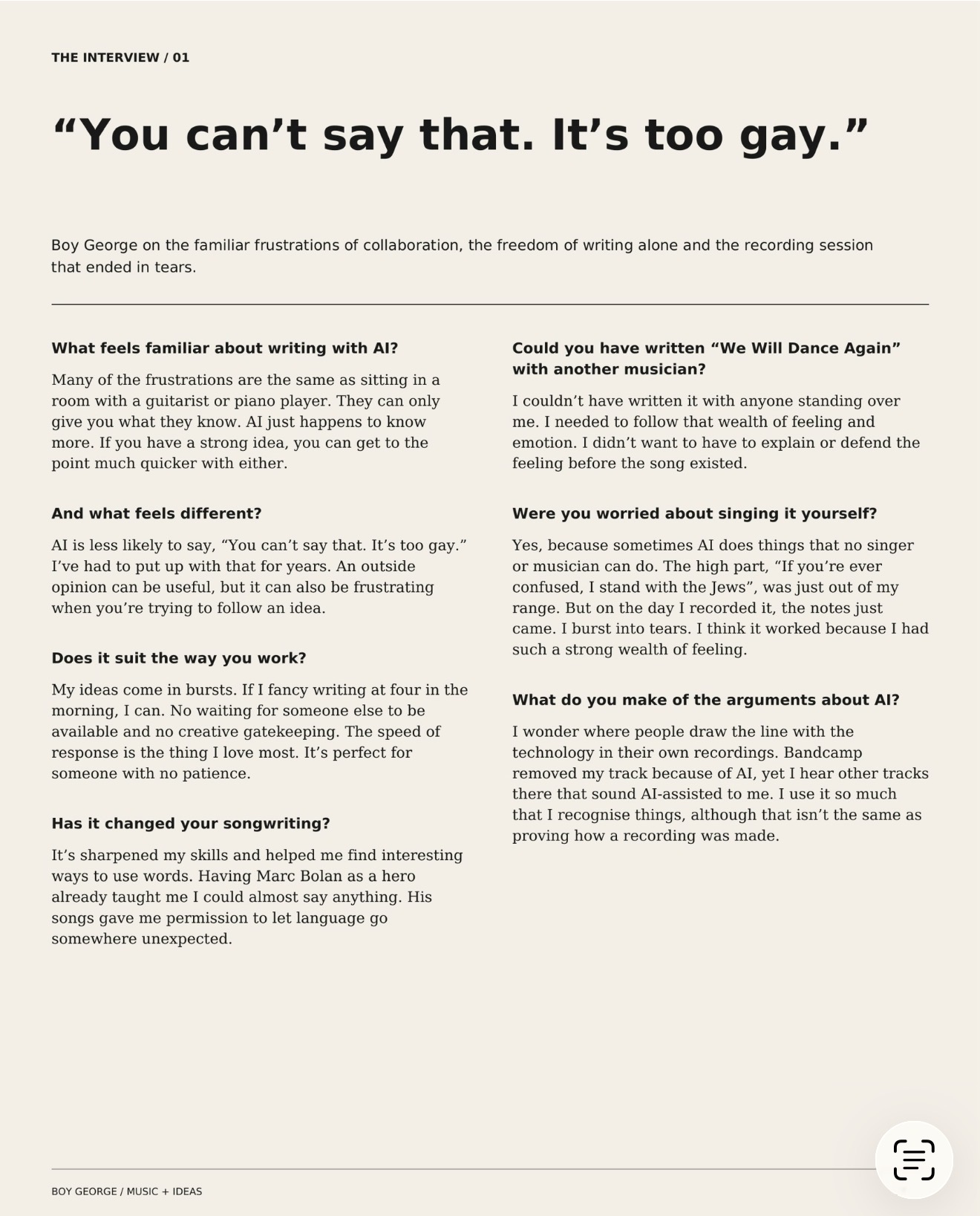 Interview page with Boy George’s answers about writing with AI, creative freedom and recording We Will Dance Again. A readable text version follows.