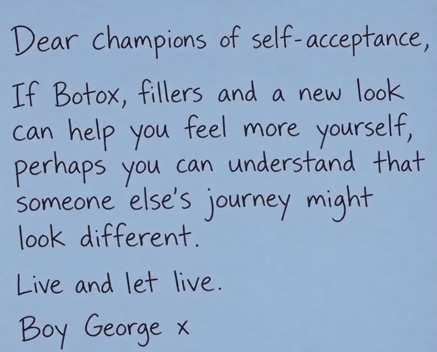 George’s handwritten message about self-acceptance and understanding that someone else’s journey may look different. Full transcription below.