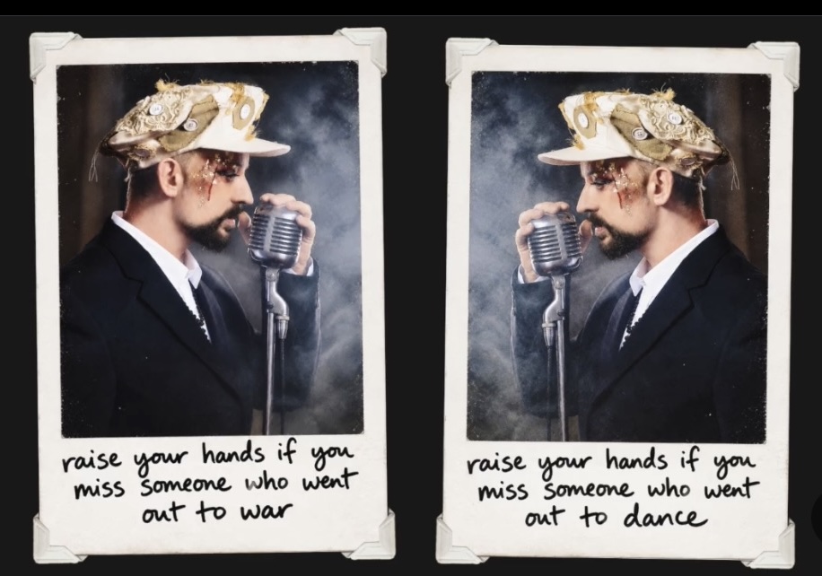Two Polaroid-style portraits shared by Boy George, with messages about missing someone who went out to war or went out to dance.