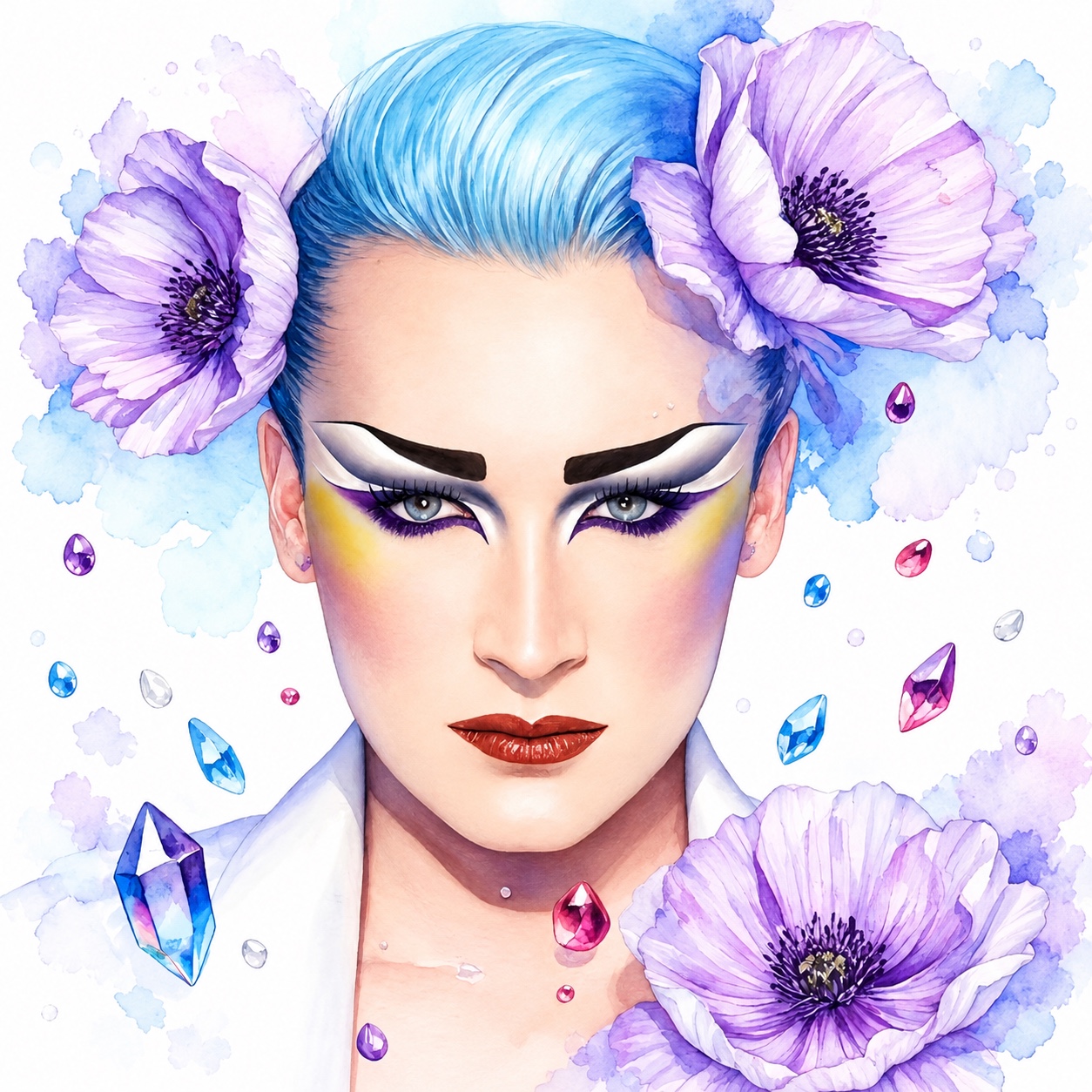 Blue-haired portrait with lilac flowers and colorful jewels