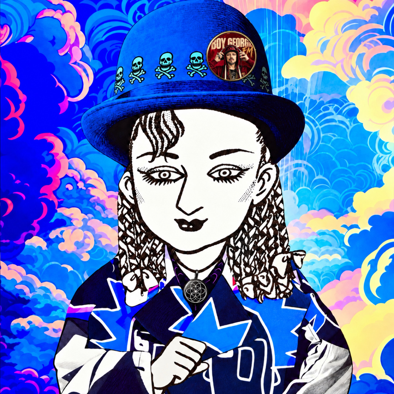 Jo’s illustrated portrait with blue hat and pendant necklace