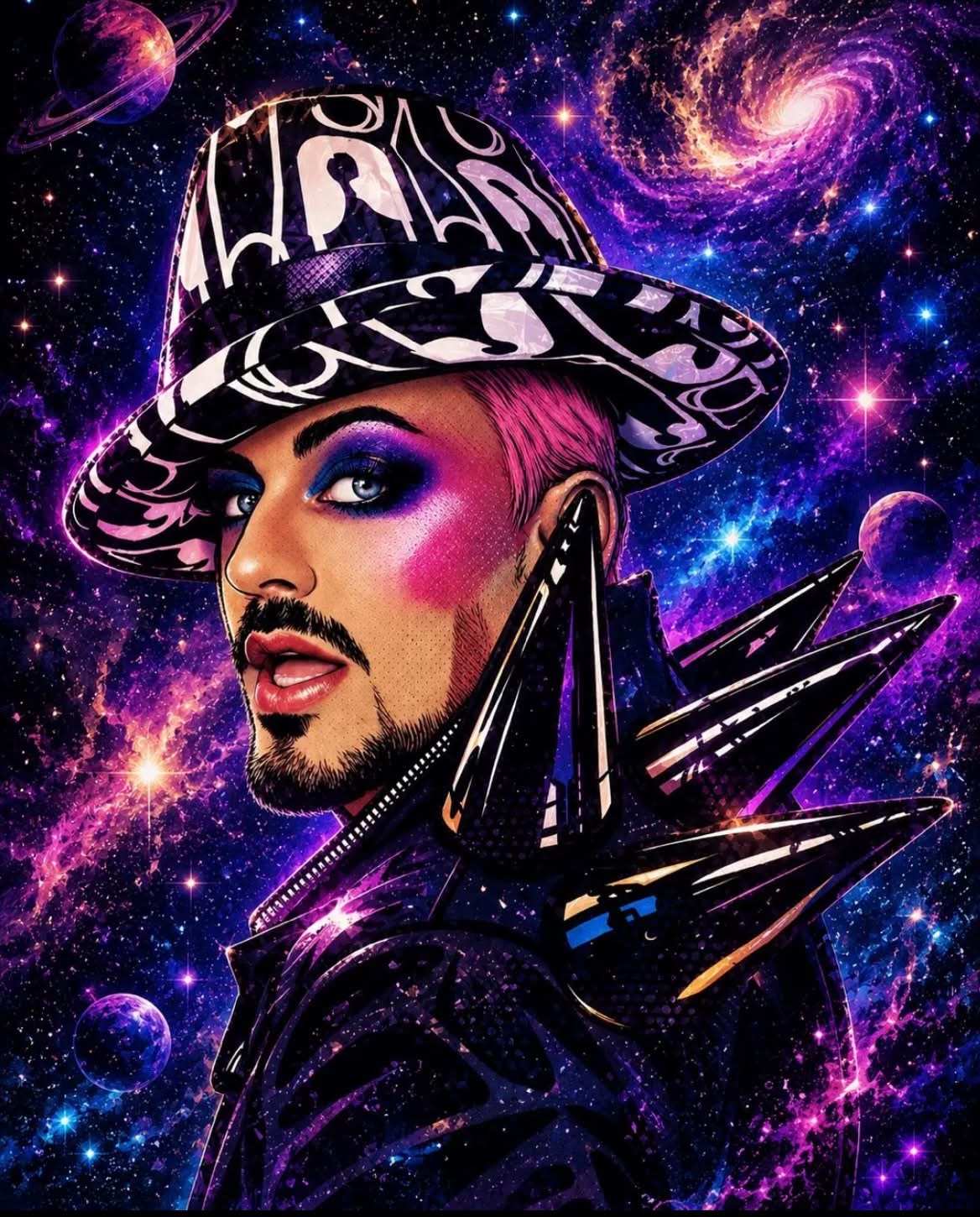 BG Galaxy portrait of Boy George against a purple galaxy