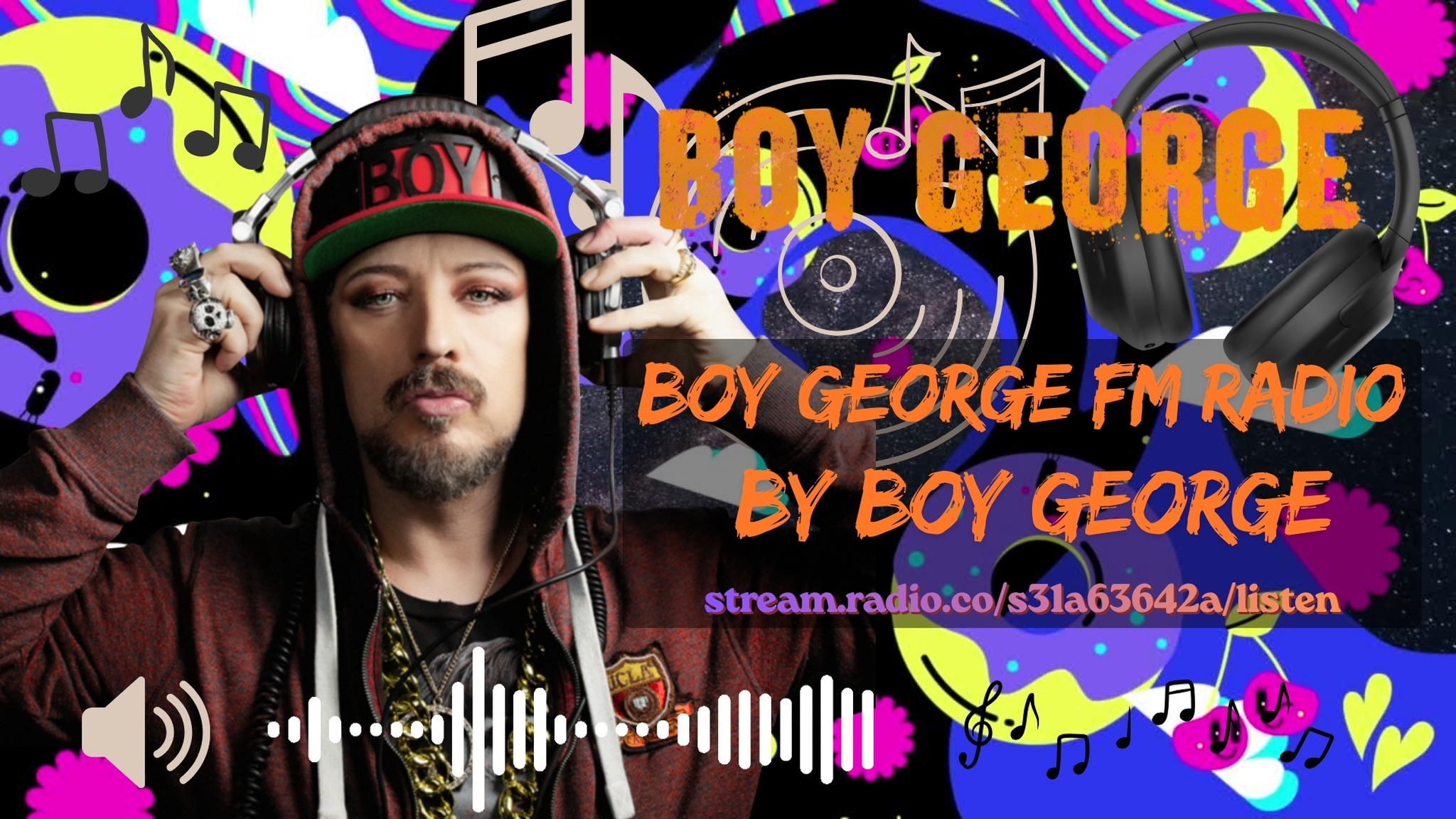 Rossy’s colourful Boy George FM artwork: Boy George wearing headphones, surrounded by records and musical notes