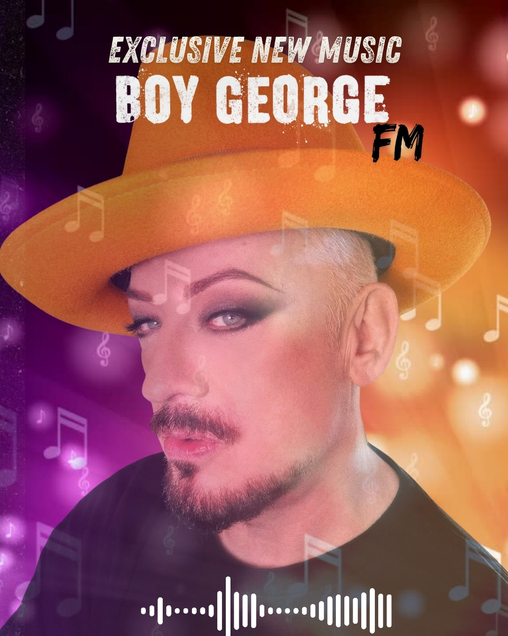 Boy George in an orange hat against a purple and gold background, with the words Exclusive New Music, Boy George FM.
