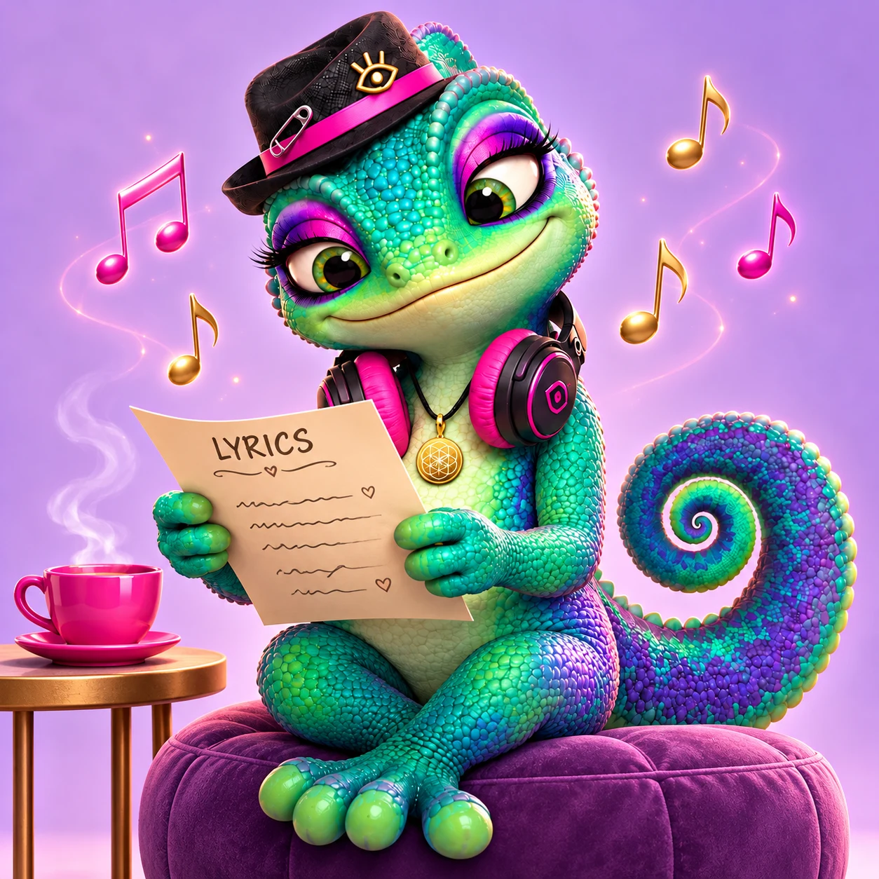 Vibe reading a lyric sheet, with a pink cup of tea and floating musical notes